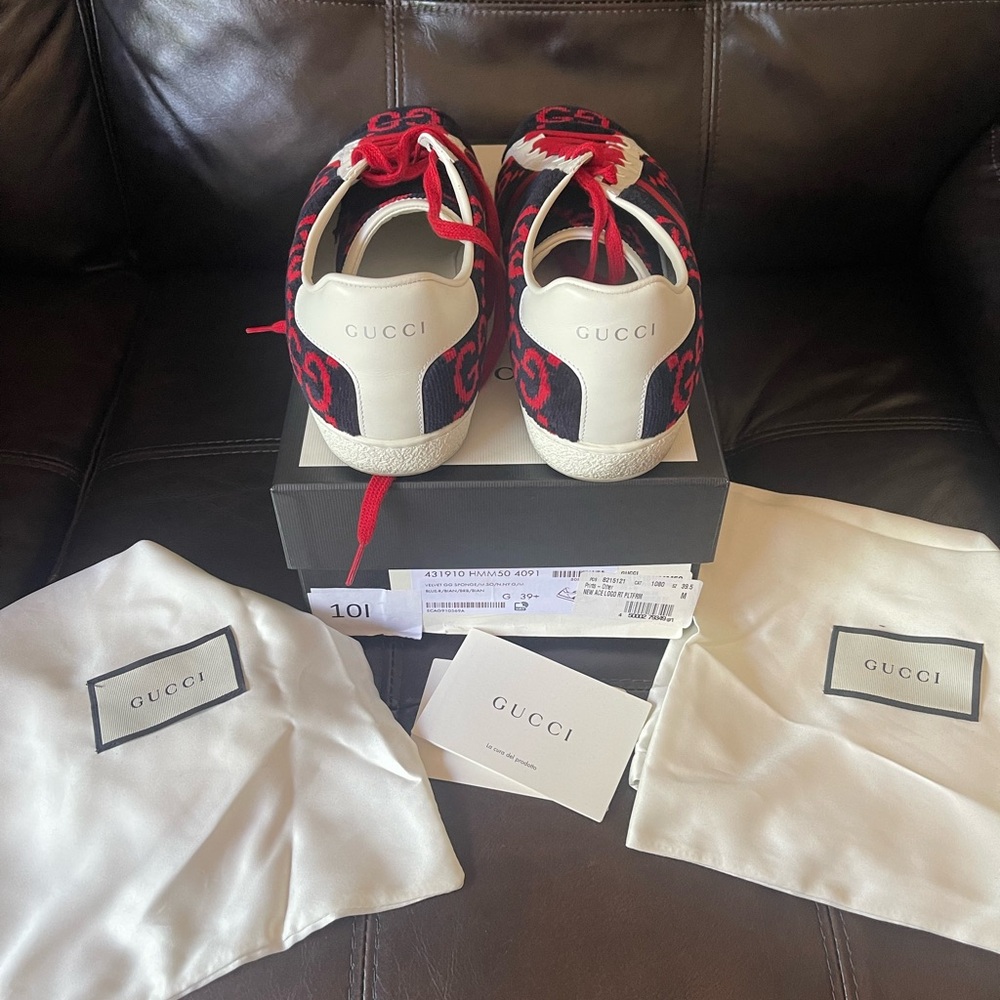 Authentic Gucci Women's Ace GG Terry Cloth 'Blue Red'  Size 39.5 US 9.5 - 10